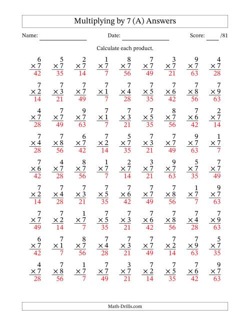 The Multiplying (1 to 9) by 7 (81 Questions) (A) Math Worksheet Page 2