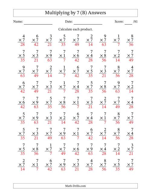 The Multiplying (1 to 9) by 7 (81 Questions) (B) Math Worksheet Page 2