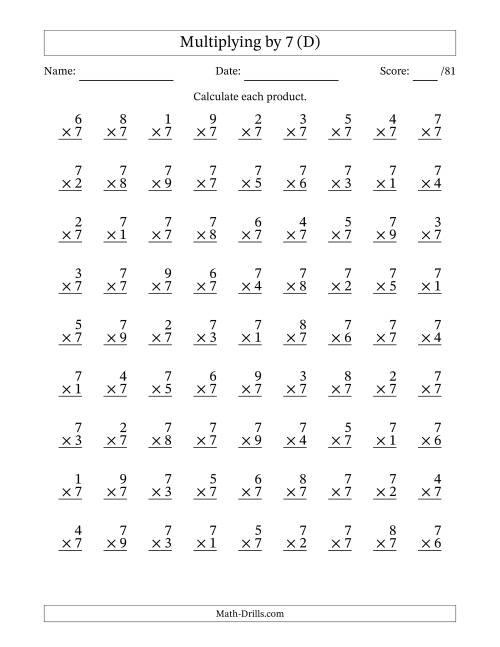 The Multiplying (1 to 9) by 7 (81 Questions) (D) Math Worksheet