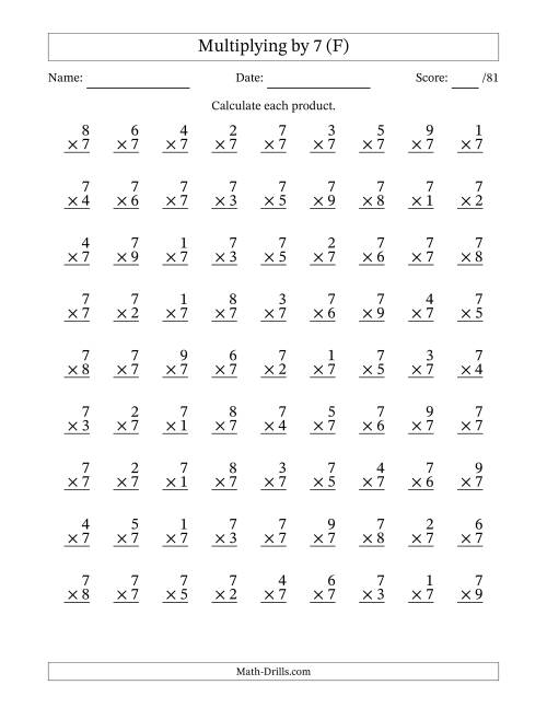 The Multiplying (1 to 9) by 7 (81 Questions) (F) Math Worksheet