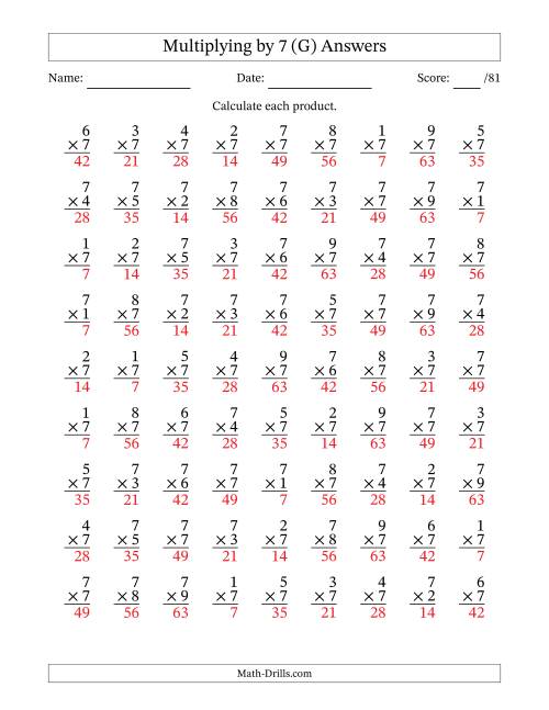The Multiplying (1 to 9) by 7 (81 Questions) (G) Math Worksheet Page 2