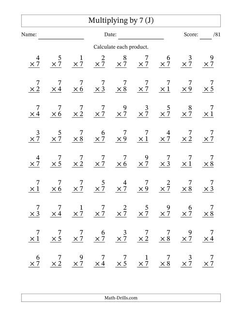 The Multiplying (1 to 9) by 7 (81 Questions) (J) Math Worksheet