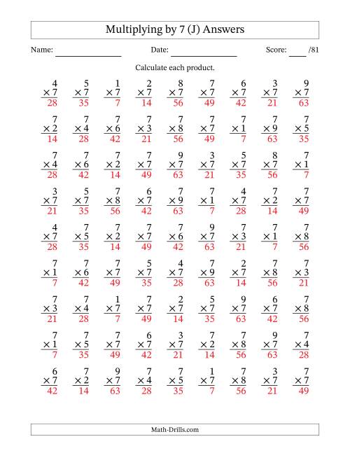 The Multiplying (1 to 9) by 7 (81 Questions) (J) Math Worksheet Page 2