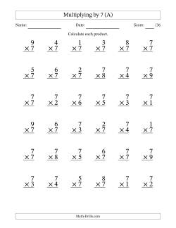 Multiplying (1 to 9) by 7 (36 Questions)