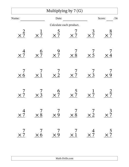 The Multiplying (1 to 9) by 7 (36 Questions) (G) Math Worksheet
