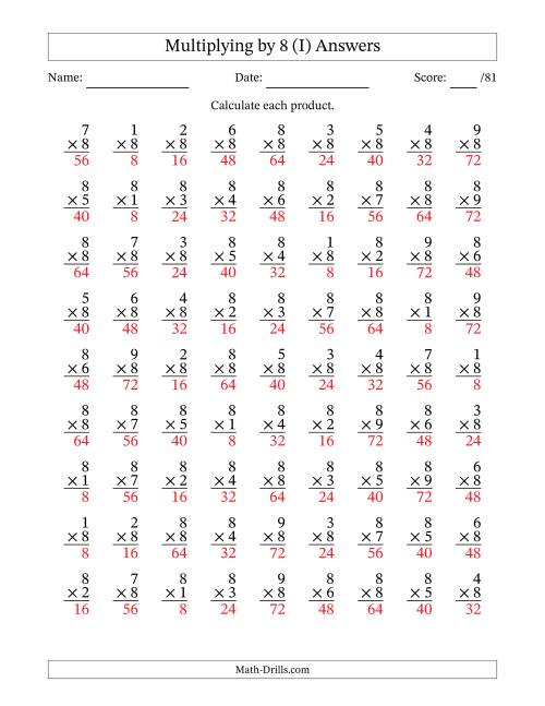 The Multiplying (1 to 9) by 8 (81 Questions) (I) Math Worksheet Page 2