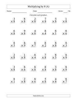 Multiplying (1 to 9) by 8 (36 Questions)