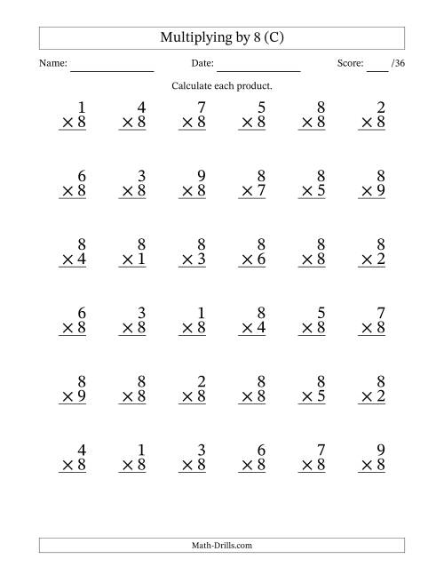 The Multiplying (1 to 9) by 8 (36 Questions) (C) Math Worksheet