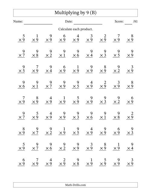The Multiplying (1 to 9) by 9 (81 Questions) (B) Math Worksheet