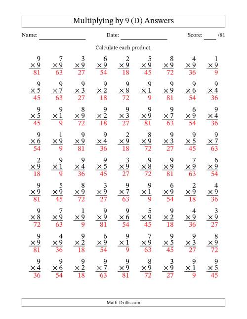 The Multiplying (1 to 9) by 9 (81 Questions) (D) Math Worksheet Page 2