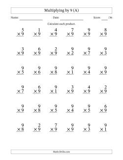 Multiplying (1 to 9) by 9 (36 Questions)