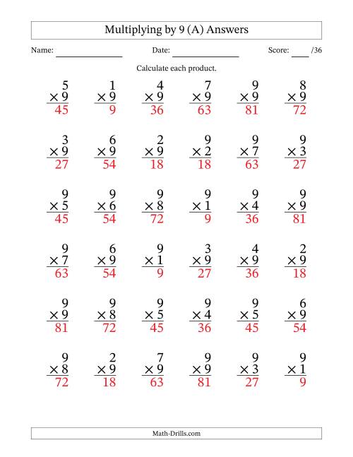The Multiplying (1 to 9) by 9 (36 Questions) (A) Math Worksheet Page 2