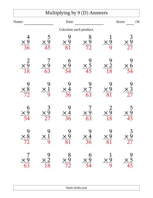 The Multiplying (1 to 9) by 9 (36 Questions) (D) Math Worksheet Page 2