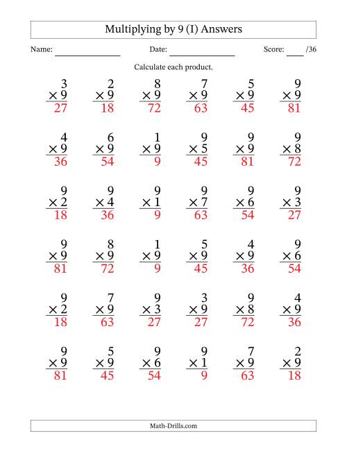 The Multiplying (1 to 9) by 9 (36 Questions) (I) Math Worksheet Page 2