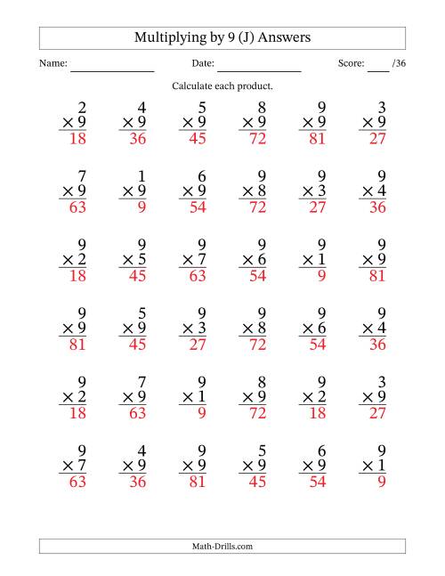 The Multiplying (1 to 9) by 9 (36 Questions) (J) Math Worksheet Page 2