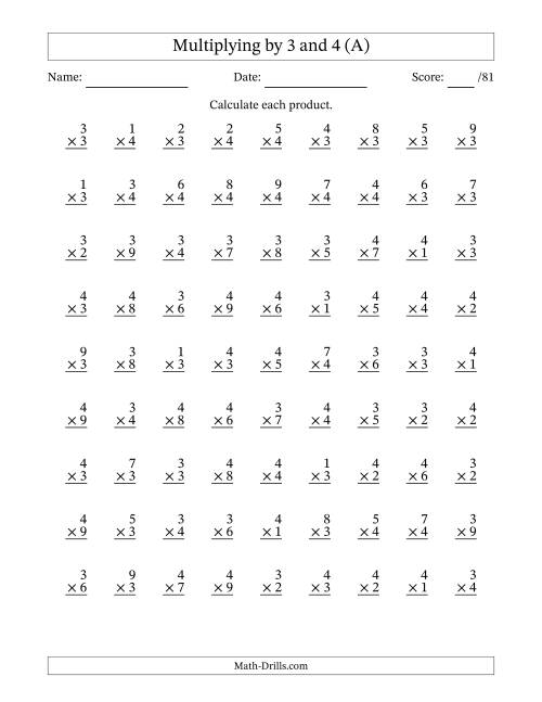 The Multiplying (1 to 9) by 3 and 4 (81 Questions) (A) Math Worksheet