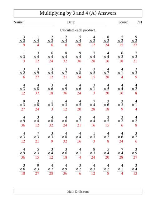 The Multiplying (1 to 9) by 3 and 4 (81 Questions) (A) Math Worksheet Page 2
