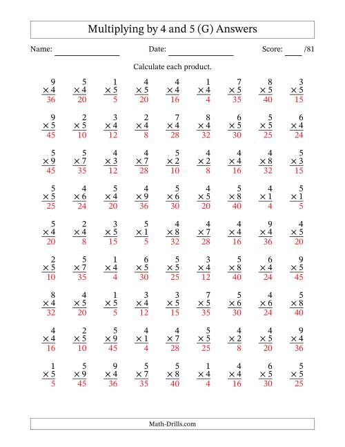 The Multiplying (1 to 9) by 4 and 5 (81 Questions) (G) Math Worksheet Page 2