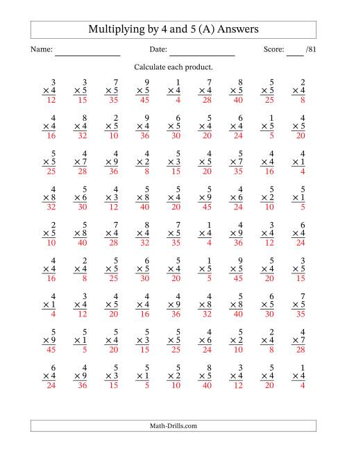 The Multiplying (1 to 9) by 4 and 5 (81 Questions) (All) Math Worksheet Page 2