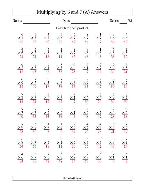 The Multiplying (1 to 9) by 6 and 7 (81 Questions) (A) Math Worksheet Page 2