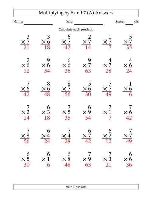 The Multiplying (1 to 9) by 6 and 7 (36 Questions) (A) Math Worksheet Page 2