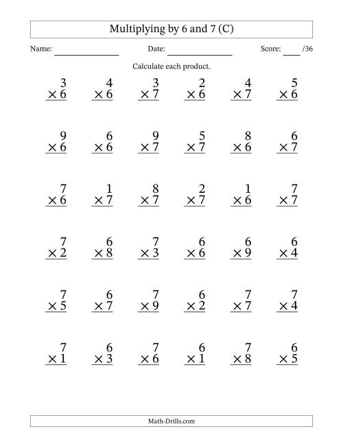 The Multiplying (1 to 9) by 6 and 7 (36 Questions) (C) Math Worksheet