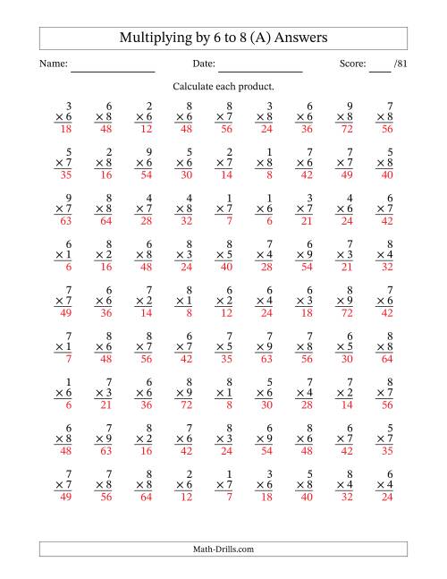 The Multiplying (1 to 9) by 6 to 8 (81 Questions) (A) Math Worksheet Page 2