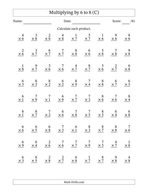 The Multiplying (1 to 9) by 6 to 8 (81 Questions) (C) Math Worksheet