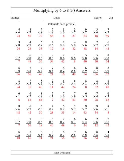 The Multiplying (1 to 9) by 6 to 8 (81 Questions) (F) Math Worksheet Page 2