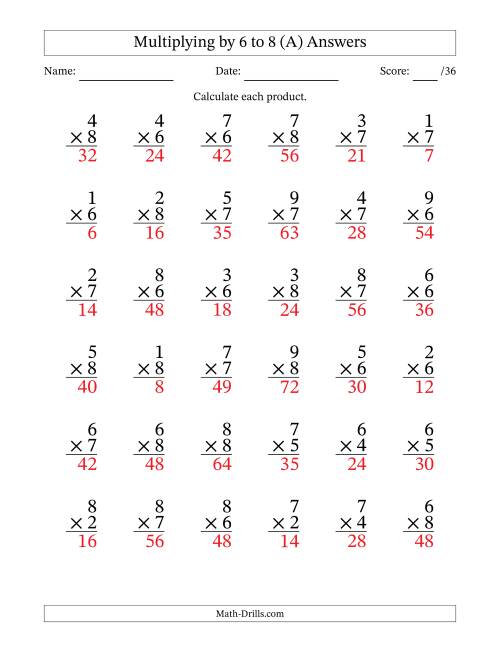 The Multiplying (1 to 9) by 6 to 8 (36 Questions) (A) Math Worksheet Page 2