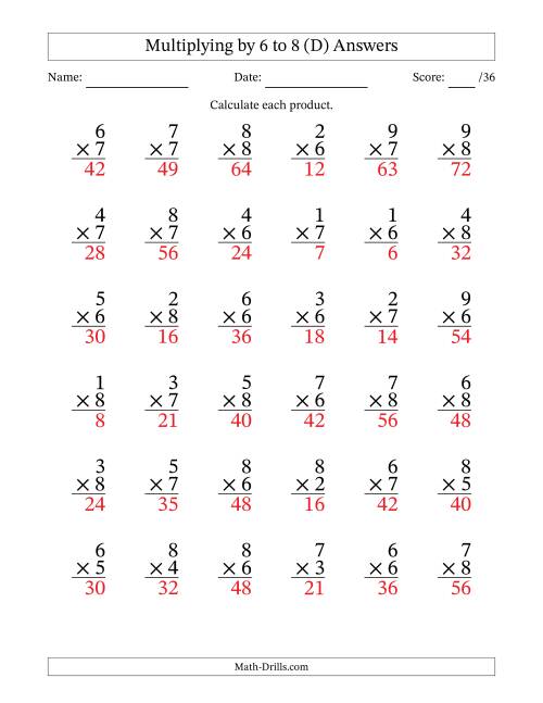 The Multiplying (1 to 9) by 6 to 8 (36 Questions) (D) Math Worksheet Page 2