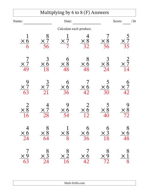 The Multiplying (1 to 9) by 6 to 8 (36 Questions) (F) Math Worksheet Page 2