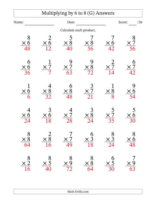 The Multiplying (1 to 9) by 6 to 8 (36 Questions) (G) Math Worksheet Page 2