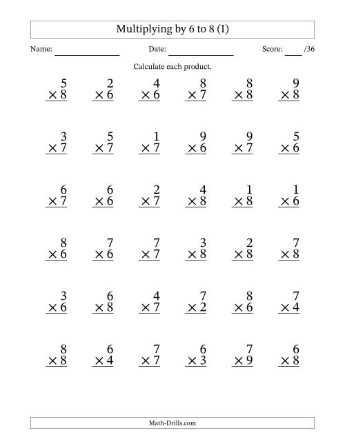 The Multiplying (1 to 9) by 6 to 8 (36 Questions) (I) Math Worksheet