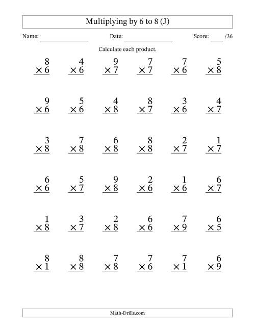 The Multiplying (1 to 9) by 6 to 8 (36 Questions) (J) Math Worksheet