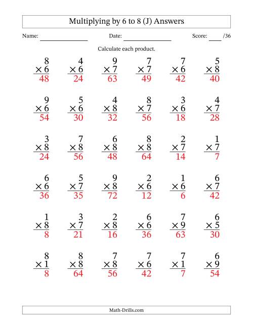 The Multiplying (1 to 9) by 6 to 8 (36 Questions) (J) Math Worksheet Page 2