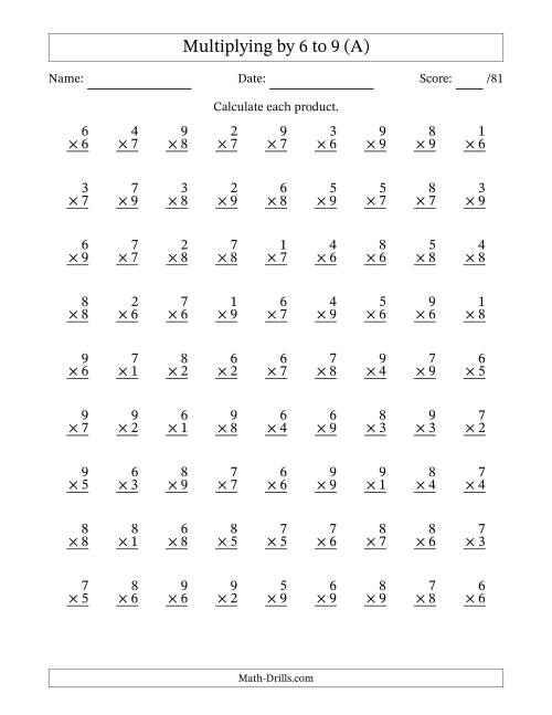 The Multiplying (1 to 9) by 6 to 9 (81 Questions) (A) Math Worksheet