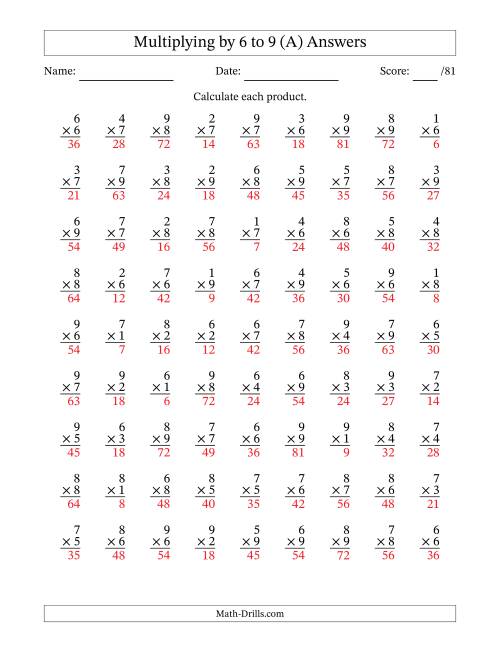 The Multiplying (1 to 9) by 6 to 9 (81 Questions) (A) Math Worksheet Page 2