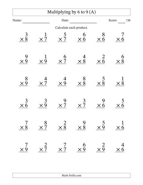 The Multiplying (1 to 9) by 6 to 9 (36 Questions) (A) Math Worksheet
