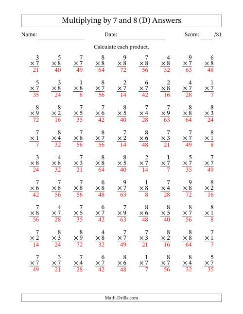 The Multiplying (1 to 9) by 7 and 8 (81 Questions) (D) Math Worksheet Page 2