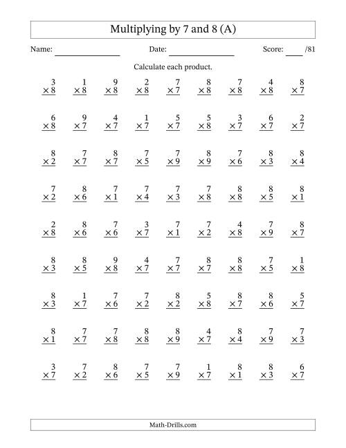 The Multiplying (1 to 9) by 7 and 8 (81 Questions) (All) Math Worksheet