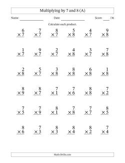 Multiplying (1 to 9) by 7 and 8 (36 Questions)