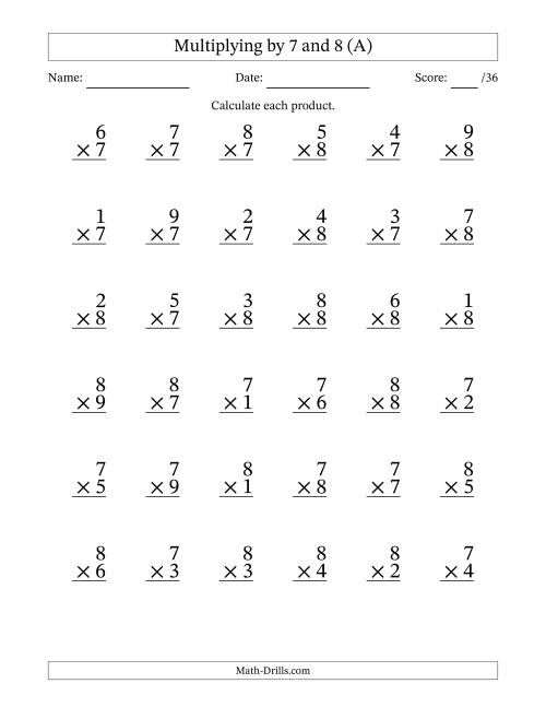 multiplying 1 to 9 by 7 and 8 35 questions per page a