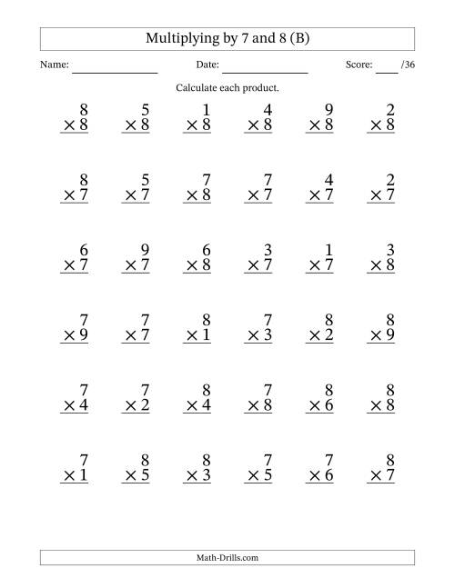 The Multiplying (1 to 9) by 7 and 8 (36 Questions) (B) Math Worksheet