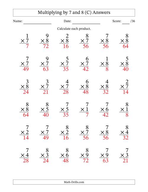 The Multiplying (1 to 9) by 7 and 8 (36 Questions) (C) Math Worksheet Page 2