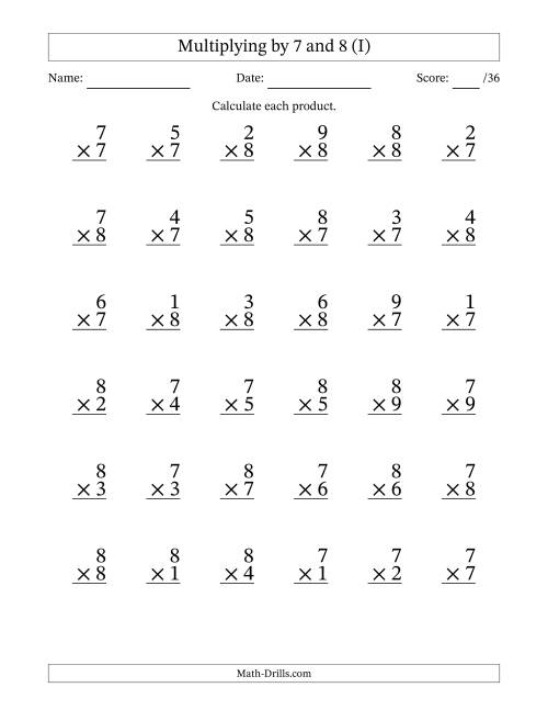 The Multiplying (1 to 9) by 7 and 8 (36 Questions) (I) Math Worksheet
