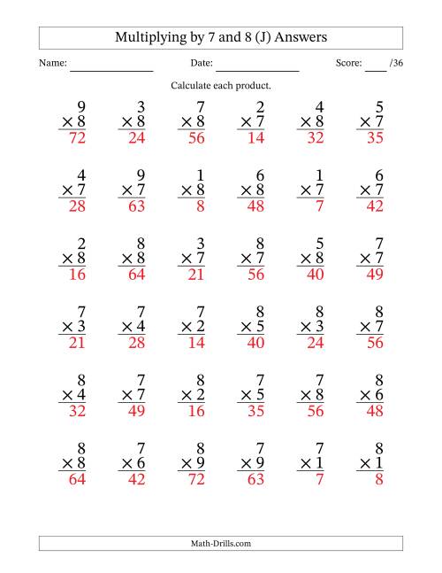The Multiplying (1 to 9) by 7 and 8 (36 Questions) (J) Math Worksheet Page 2