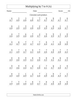 Multiplying (1 to 9) by 7 to 9 (81 Questions)