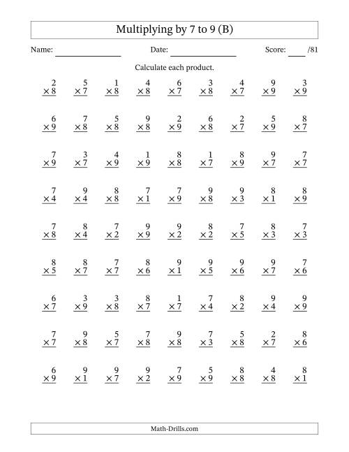 The Multiplying (1 to 9) by 7 to 9 (81 Questions) (B) Math Worksheet