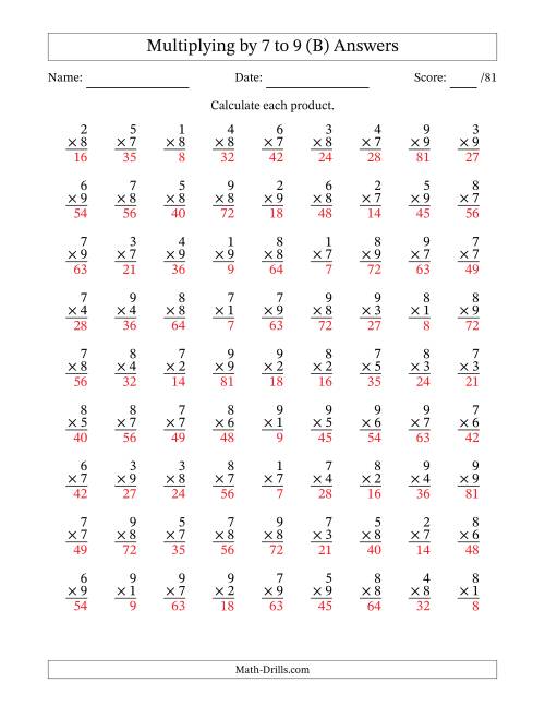 The Multiplying (1 to 9) by 7 to 9 (81 Questions) (B) Math Worksheet Page 2